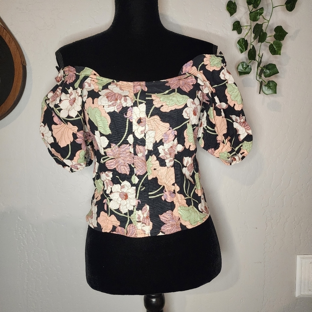 Who What Wear Floral Linen Puff Sleeve Crop Top Size XS